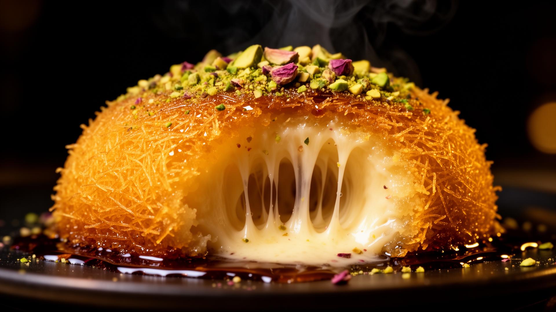 Crispy golden knafeh with cheese pull and pistachios